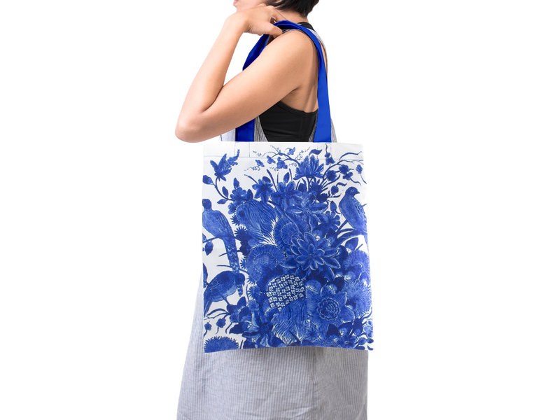 Cotton Tote Bag with lining,  Delft Blue birds