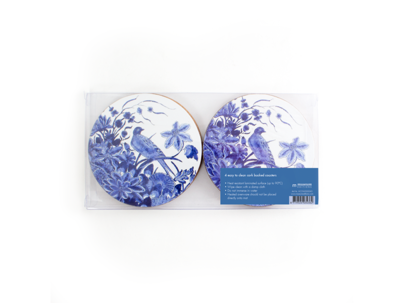 Set of 4 round coasters , Delft blue Bird, Rijksmuseum