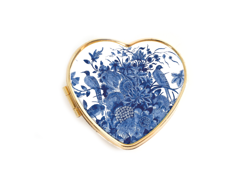 Pastillero, en forma de corazón, Azul de Delft, pájaro azul