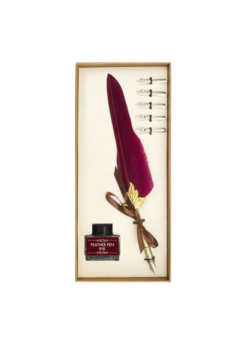 Feather Pen Tintenset, burgunderrote Feder, hellgoldene Box