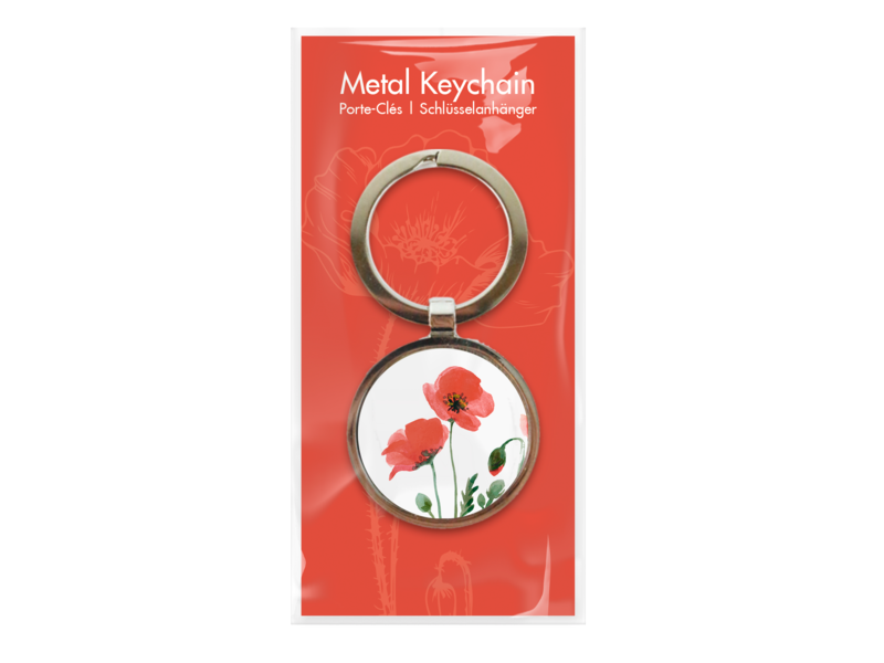 Porte-clés métal couleur argent, coquelicots