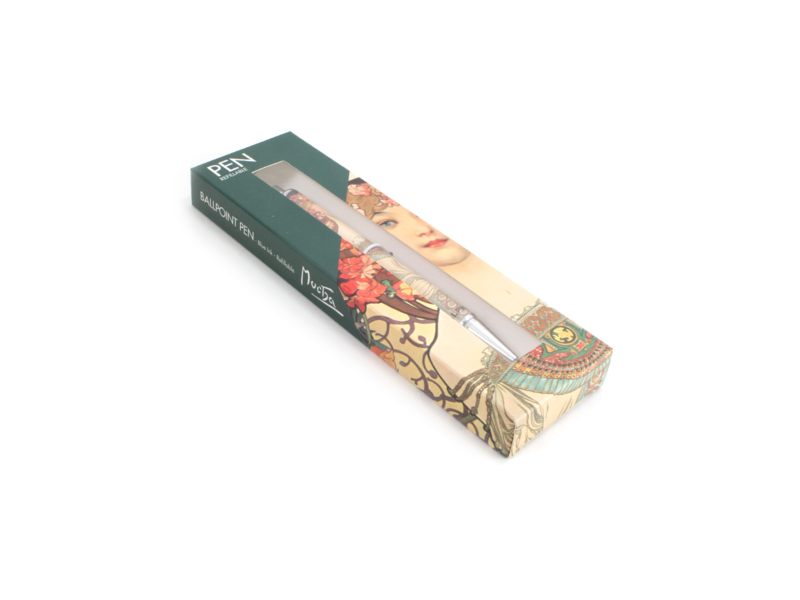 Bolígrafo en caja,  Alfons Mucha, Mujer con detalle de flores