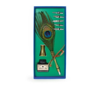 Caja de caligrafía; Pluma de pavo real con tinta y soporte, caja azul