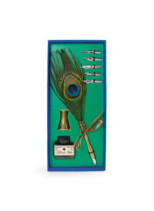 Quillpen Ink Set: Peacock feather pen with ink and holder, blue box