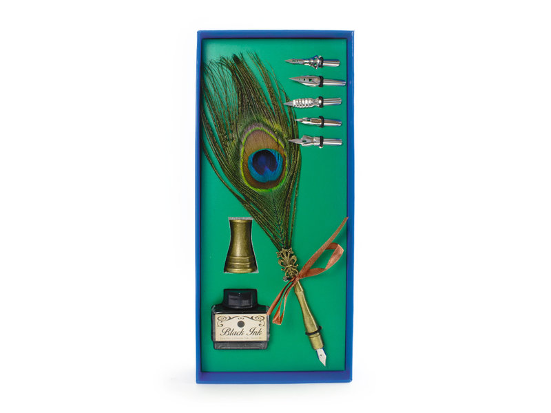 Peacock feather pen with ink and holder, blue box