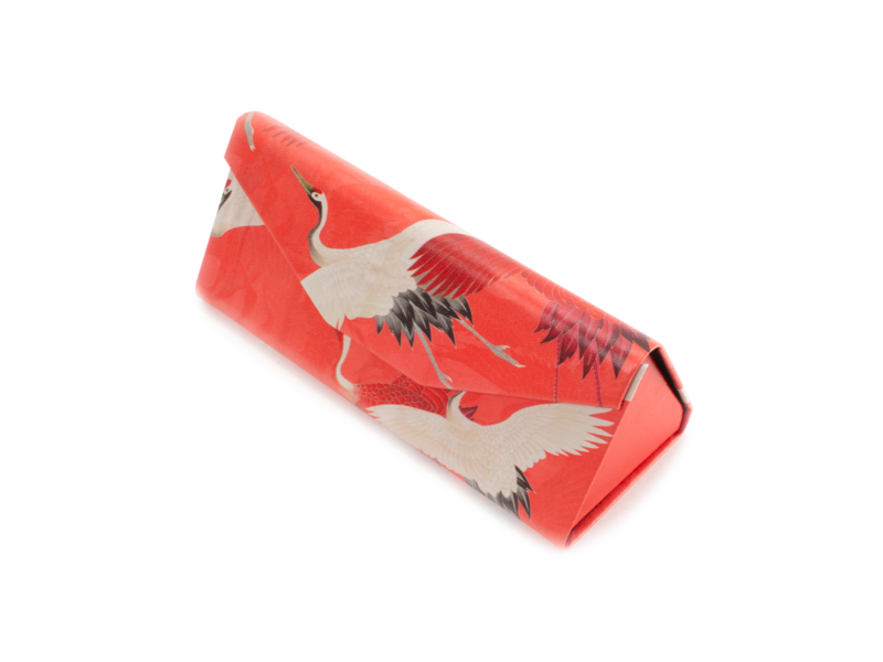 Foldable spectacle case , White and red cranes, Japanese birds