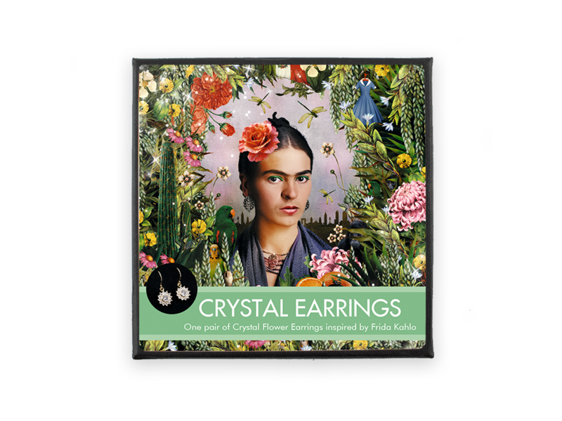 Vergoldete Ohrringe mit glitzernden Kristallsteinen,  Frida Kahlo