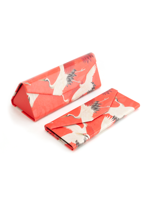 Foldable spectacle case , White and red cranes, Japanese birds