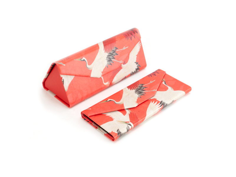 Foldable spectacle case , White and red cranes, Japanese birds