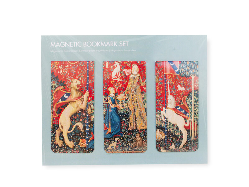 Set van 3, Magnetische boekenleggers ,Wandkleed Dame met de Eenhoorn