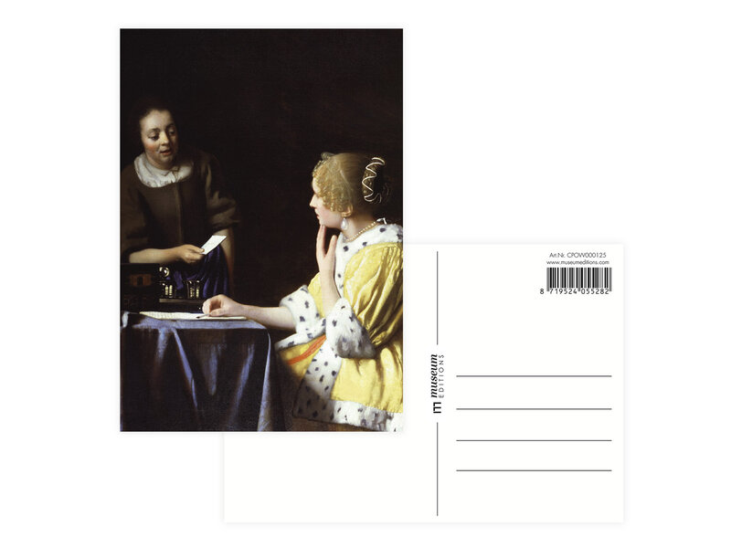 Postal, 10 x 15 cm, Dama y doncella, Johannes Vermeer