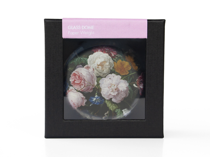 Pisapapeles de vidrio convexo, De Heem, Florero con flores