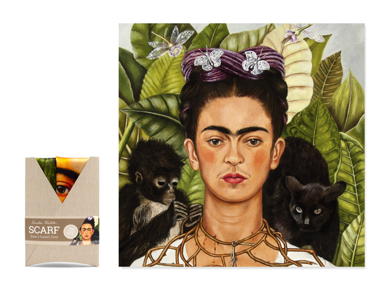 Schal, 68x68cm, 100% Seide, Frida Kahlo, Selbstporträt mit Dornenhalsband und Kolibri