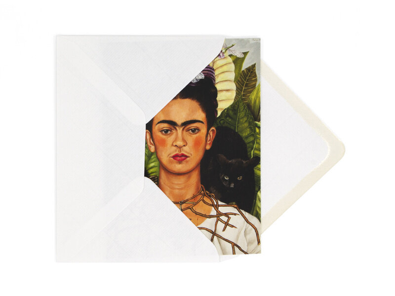 Doppelkarte mit Umschlag,  Frida Kahlo, Selbstporträt mit Dornenhalsband und Kolibri