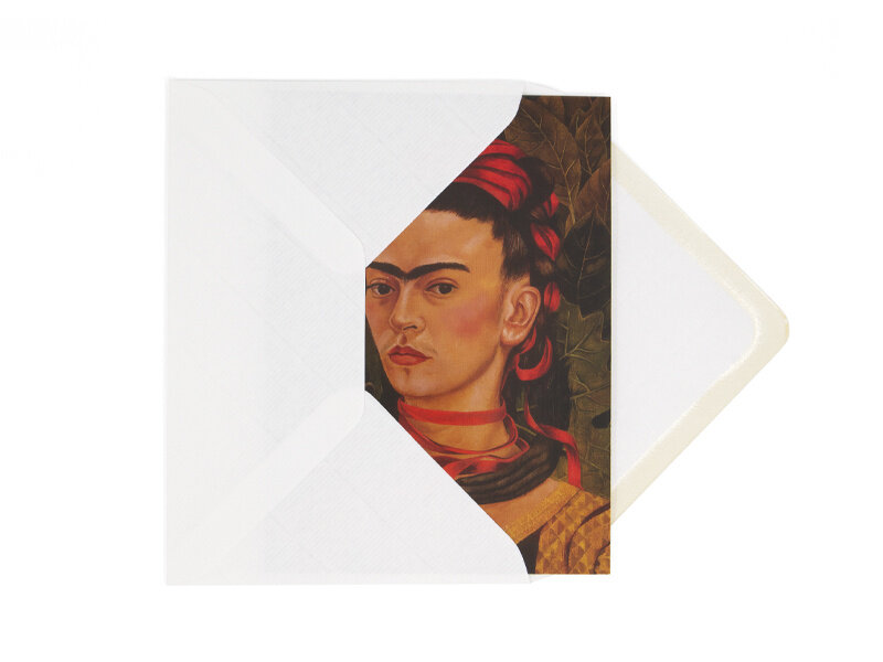 Double card with envelope, Frida Kahlo, Self portrait with monkey and red ribbons