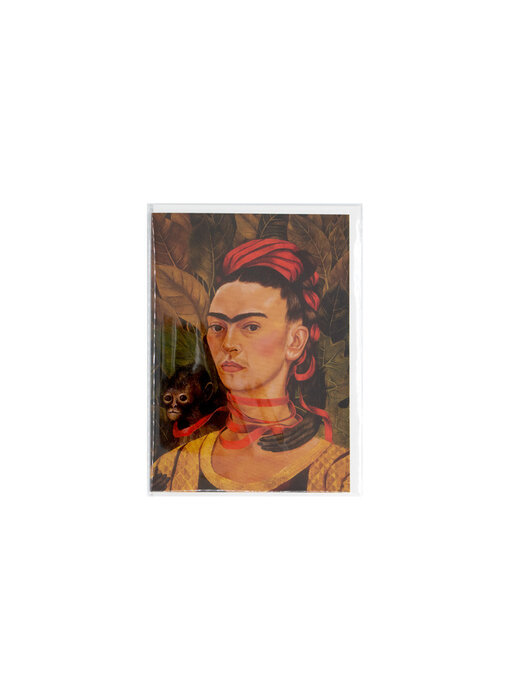Tarjeta doble con sobre, Frida Kahlo, Autorretrato con mono y lazos rojos