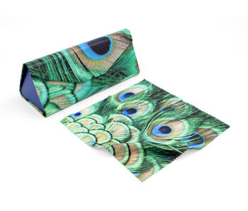 Étui à lunettes pliable + chiffon à lunettes, motif plumes de paon