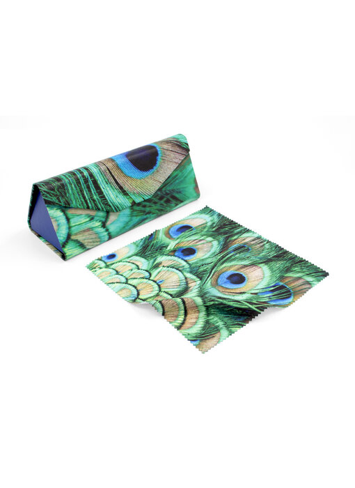 Étui à lunettes pliable + chiffon à lunettes, motif plumes de paon