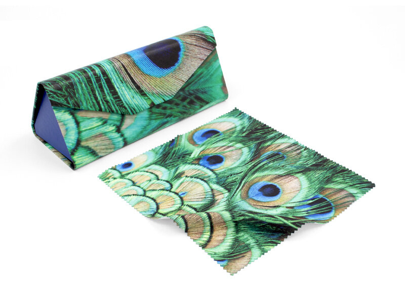 Estuche plegable para gafas, paño para gafas, motivo de plumas de pavo real