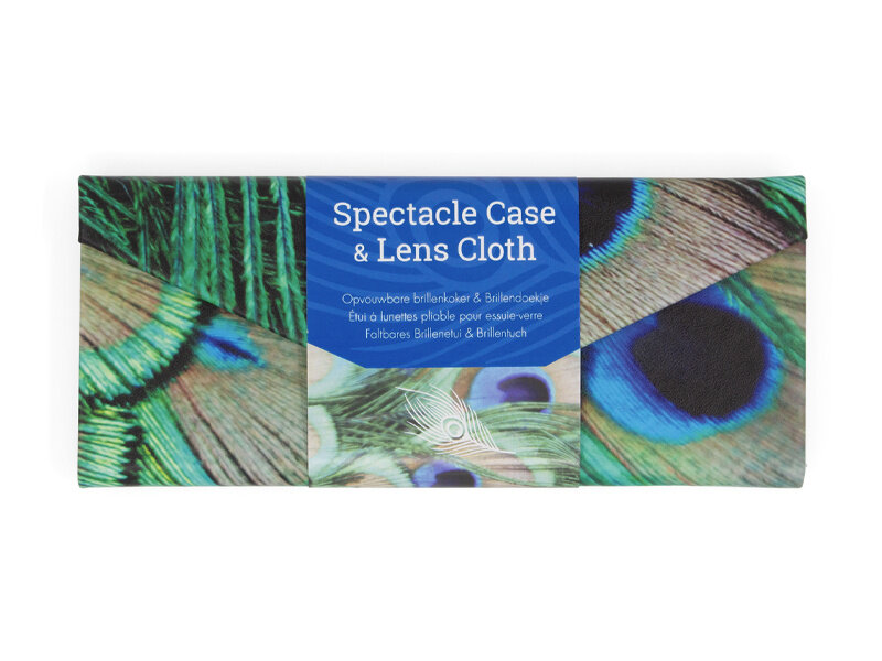 Foldable glasses case + lens cloth, Peacock feather motif