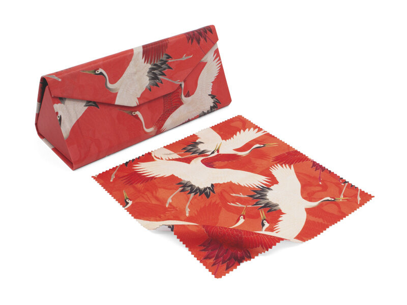 Etui à lunettes pliable + chiffon pour lentilles, Grues blanches et rouges