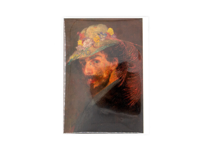 Dubbele kaart met envelop, James Ensor, Zelfportret met bloemen hoed