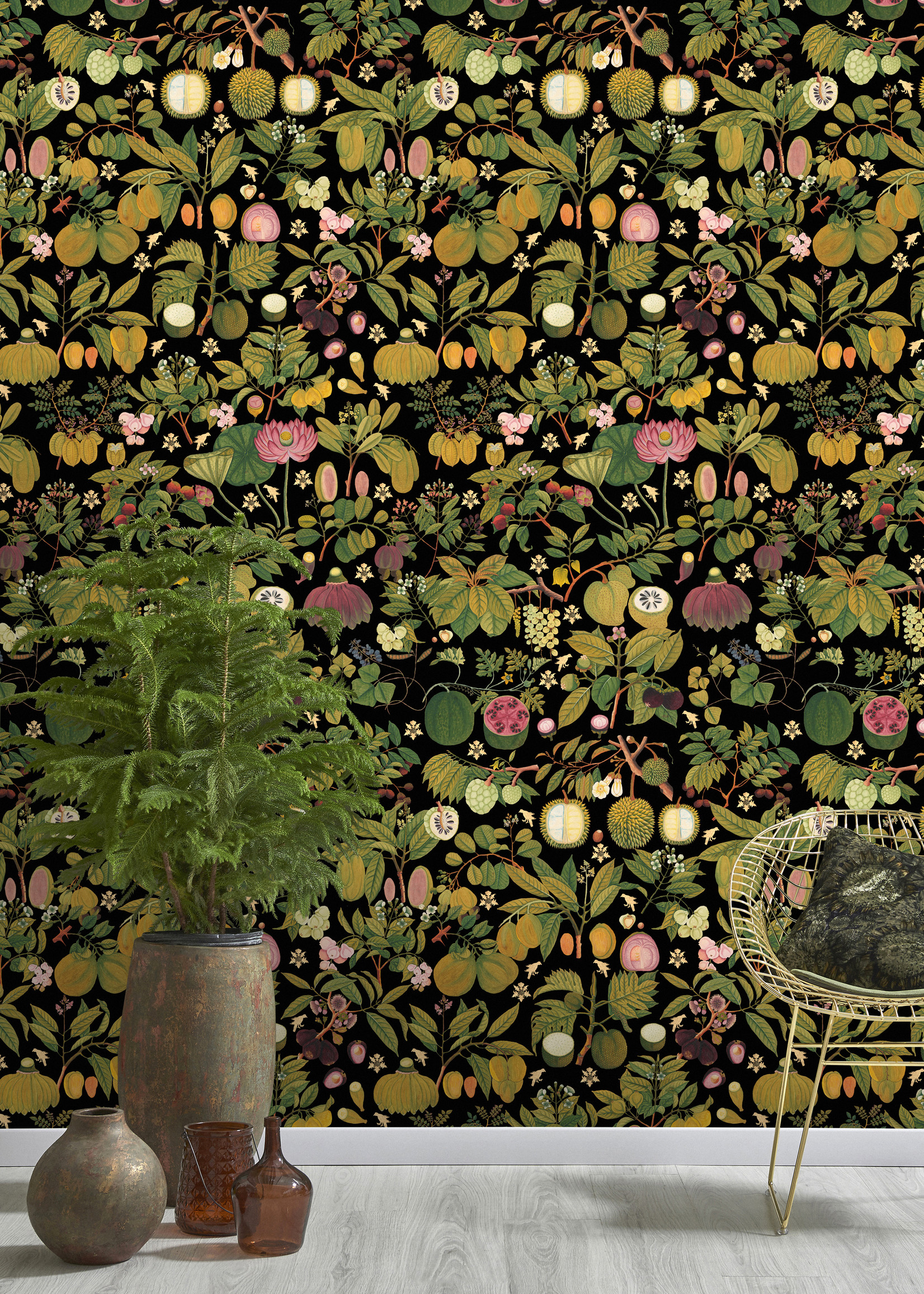 MINDTHEGAP Designer Wallpaper ASIAN FRUITS AND FLOWERS Anthracite
