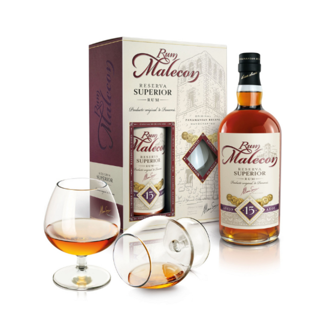 Rum Malecon Reserva Superior 15Y met 2 glazen