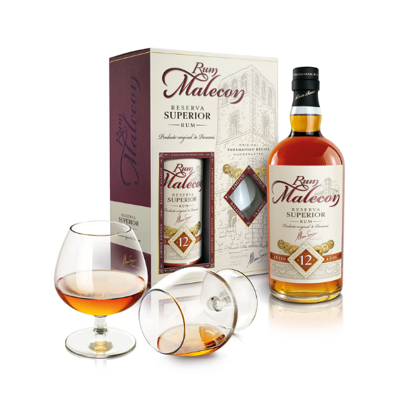 Rum Malecon Reserva Superior 12Y met 2 glazen