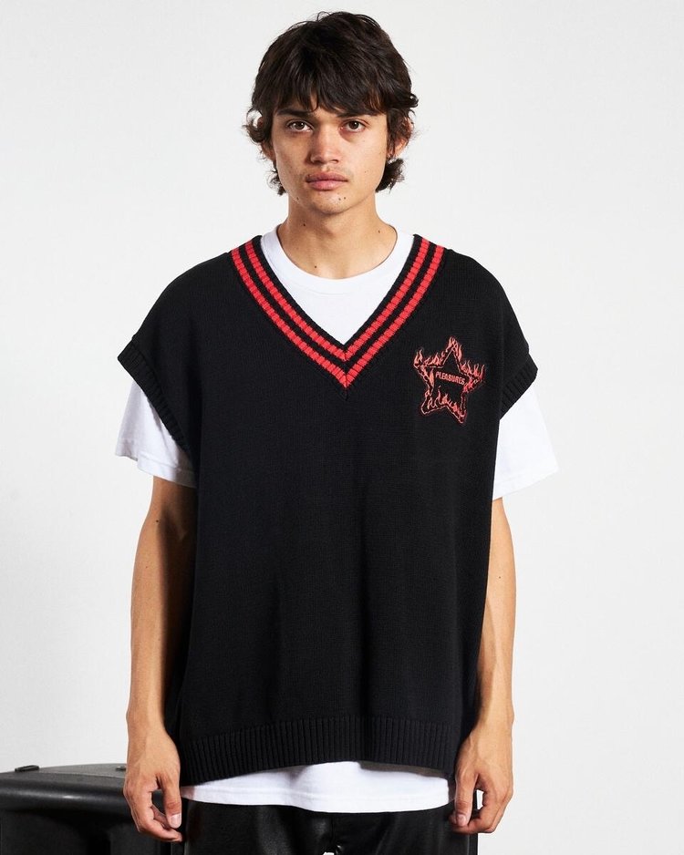 Pleasures Outpost Oversized Sweater Vest 'Black & Red'