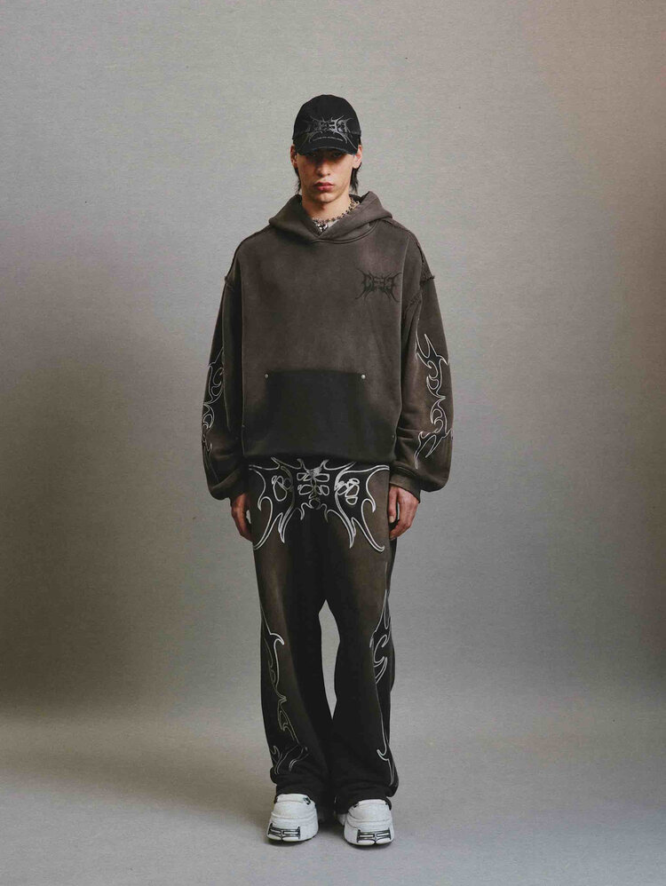 CEEC LA Glitter Layered Logo Print Distressed Hoodie 'Dark Grey'