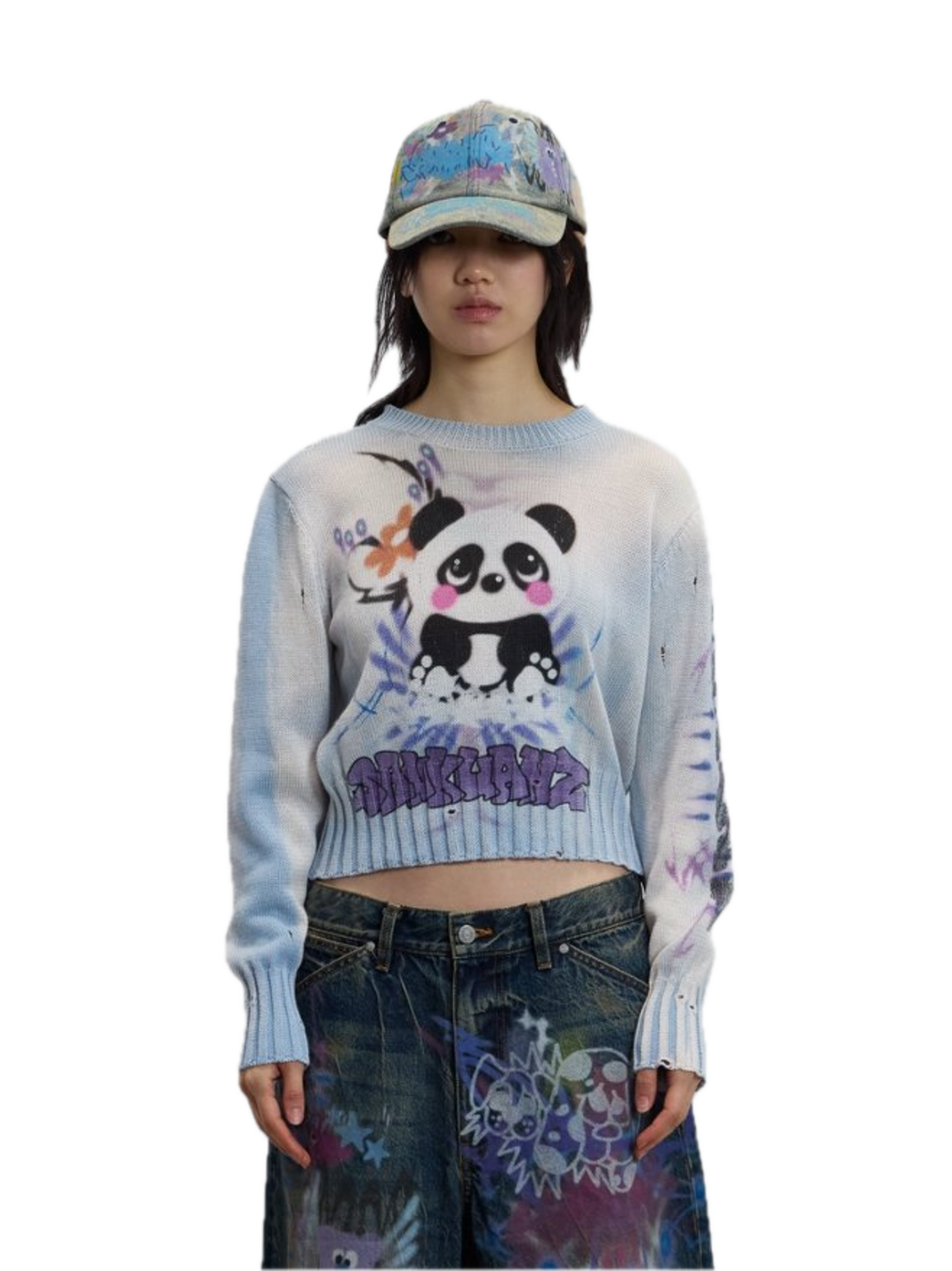 トップス sanayu SANKUANZ Knitwear Cropped Panda Destroyed Sweater 'Light Blue