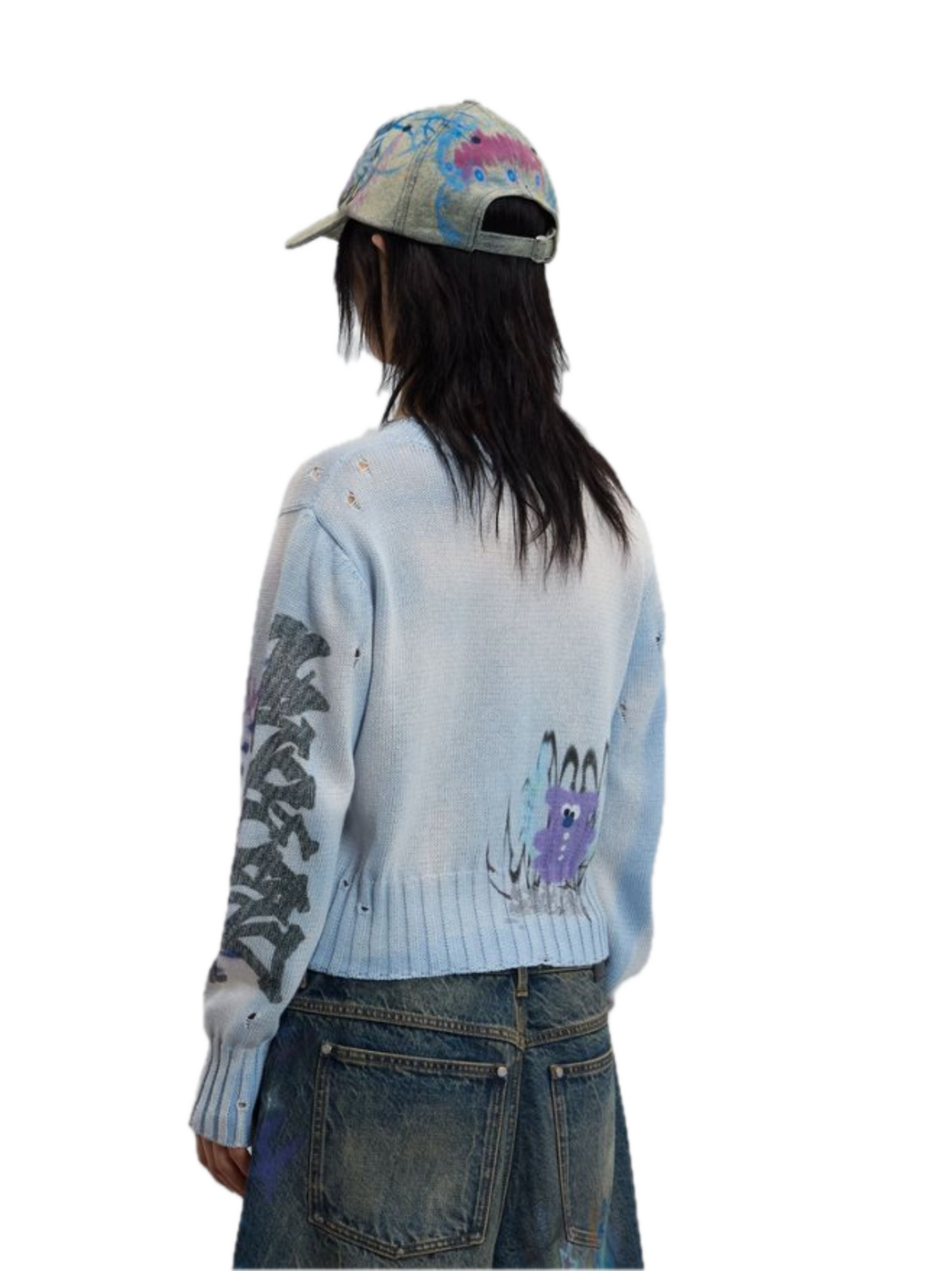 トップス sanayu SANKUANZ Knitwear Cropped Panda Destroyed Sweater 'Light Blue