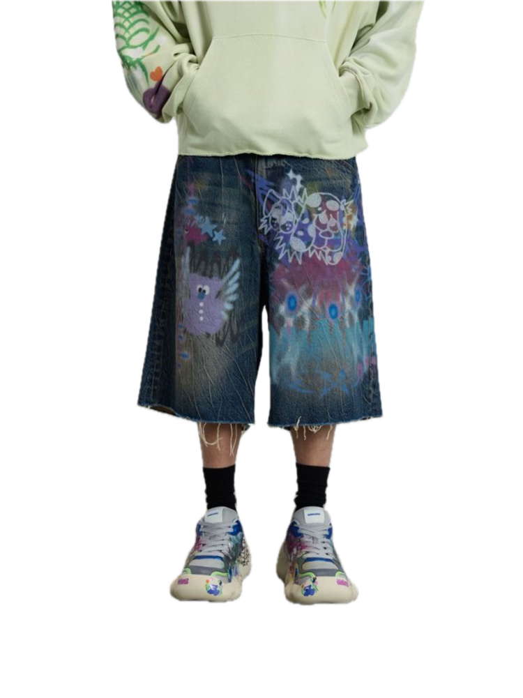Sankuanz Bumpy Graffiti Jeans Shorts 'Blue'