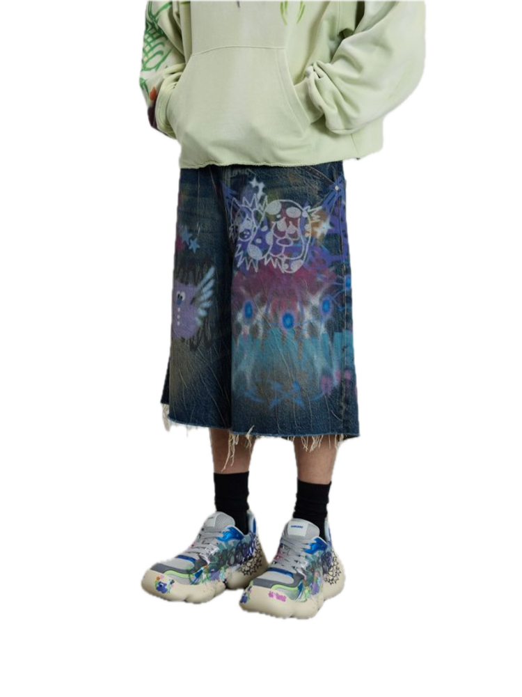 Sankuanz Bumpy Graffiti Jeans Shorts 'Blue'