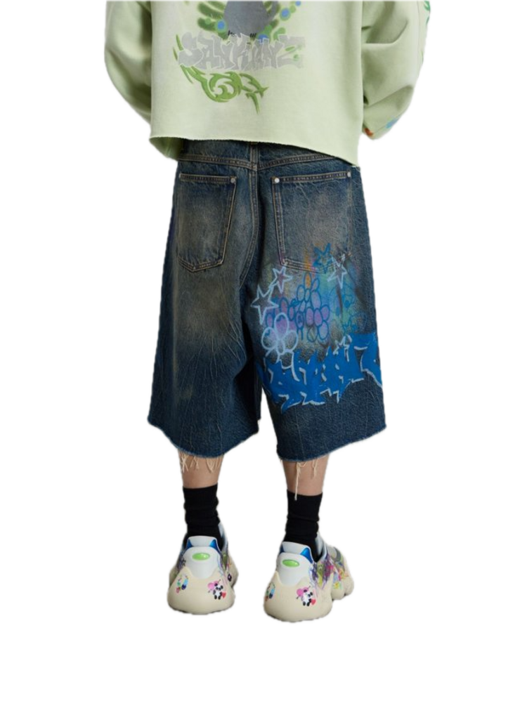 Sankuanz Bumpy Graffiti Jeans Shorts 'Blue'