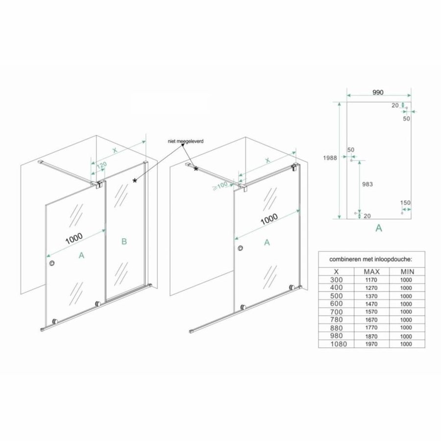 Verleng-Inloopdouche 100X200 Cm Op Rail 10Mm Nano Glas