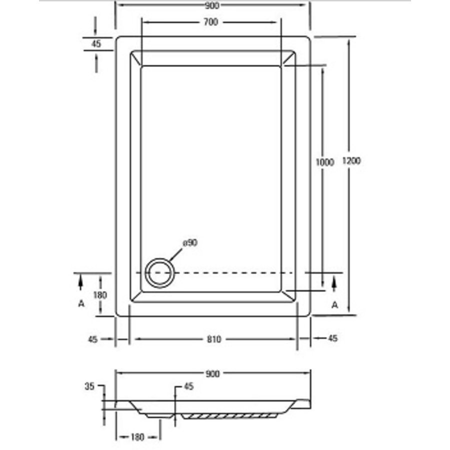 Kwadrant Kunststof Douchebak Rechthoekig 120X90X5 Cm Wit