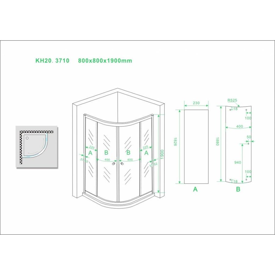 Wiesbaden eco 1/4 ronde douchecabine 5mm 800x800x1900 helder glas