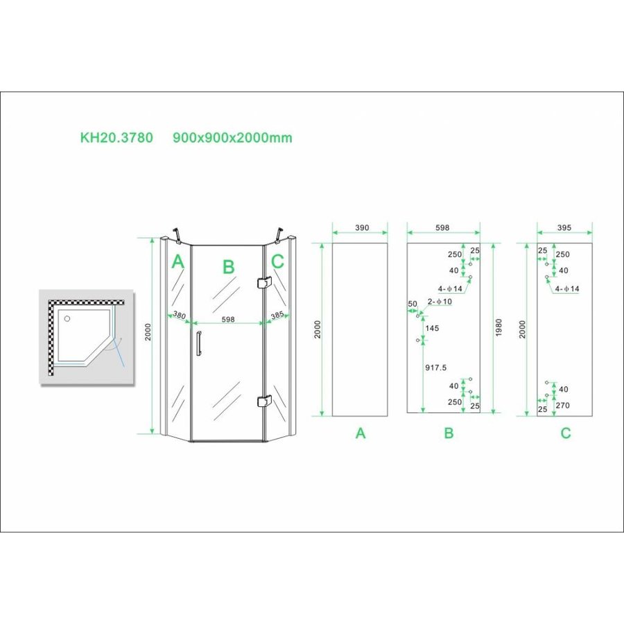 Wiesbaden 5-hoek douchecabine 8mm NANO 900x900x2000