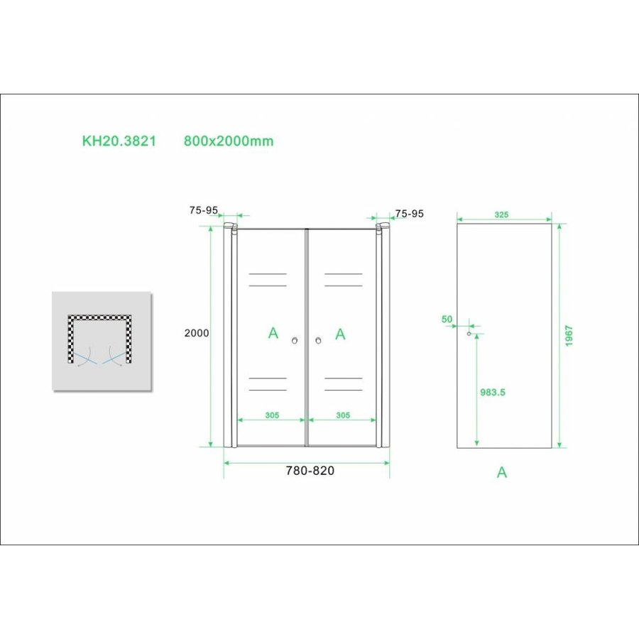 Wiesbaden dubbele pendeldeur in nis 800x2000 6mm NANO glas