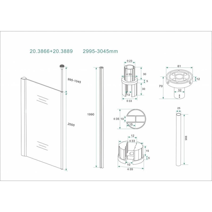 Wiesbaden set verticale stabilisatiestang+plafond bev.chroom