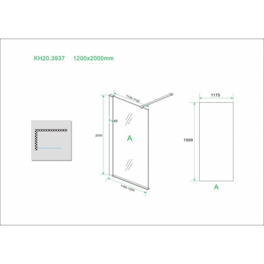 Wiesbaden inloopdouche + RVS profiel 1200x2000 10mm NANO glas