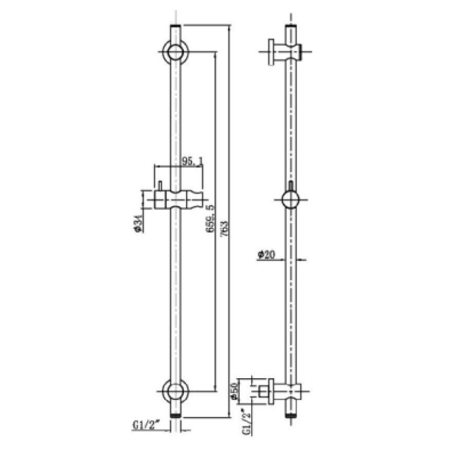 Wiesbaden chroom glijstang met wateruitgang rond 660mm