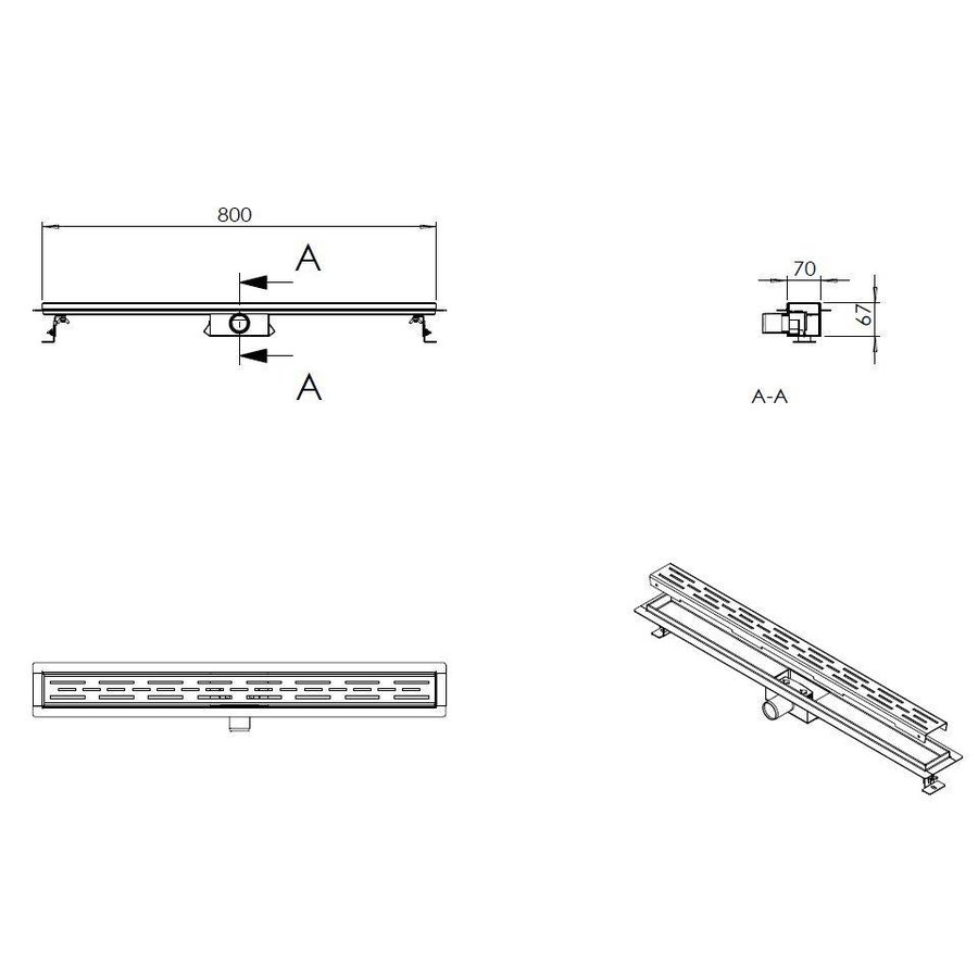 Mat Zwart RVS Douchegoot Flens met Uitneembaar Sifon MAT ZWART (alle maten)