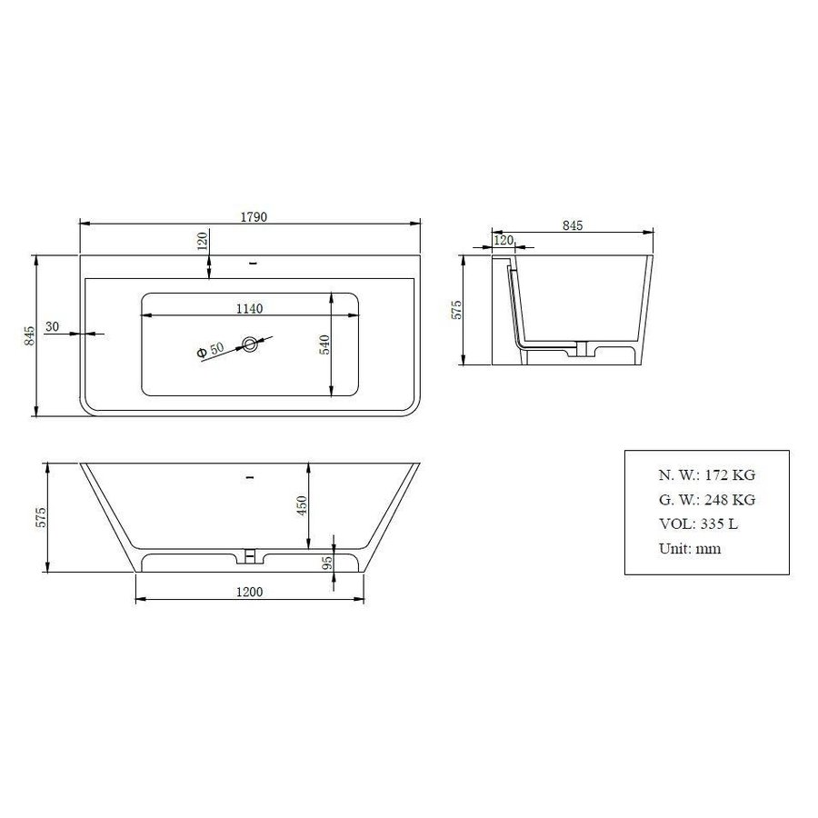 Solid Surface semi-vrijstaand bad  type 3 1790x845x575