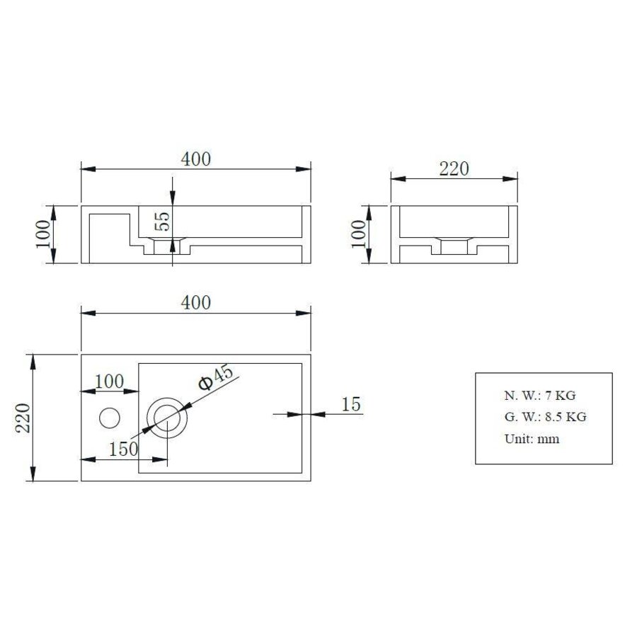 Solid Surface fontein rechts 400x220x100