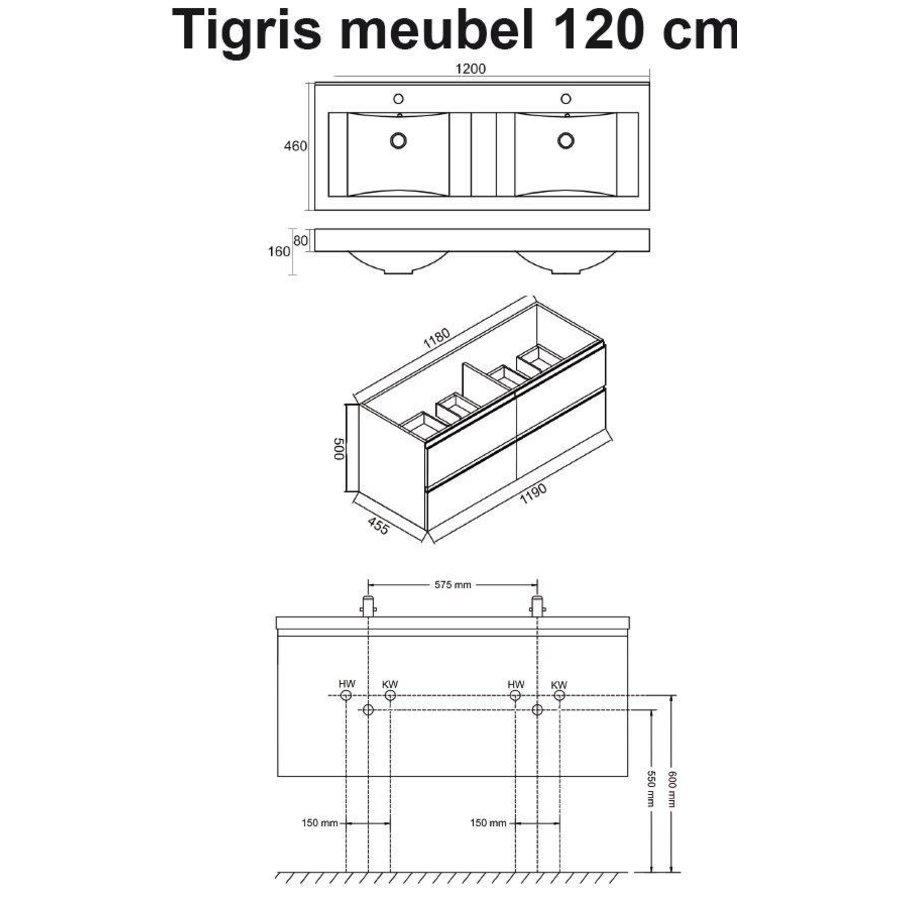 Wiesbaden Tigris onderkast + dubb.wast. + 4 laden 1200x580x460 wit