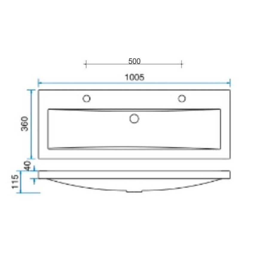 Wiesbaden wastafel 100cmx36cm twee kraangaten wit
