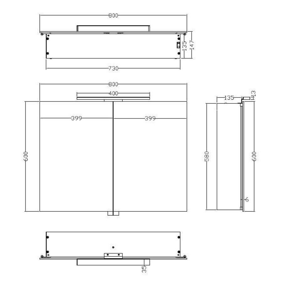 Wiesbaden Luxe spiegelkast +Led verlichting 80x60x14cm